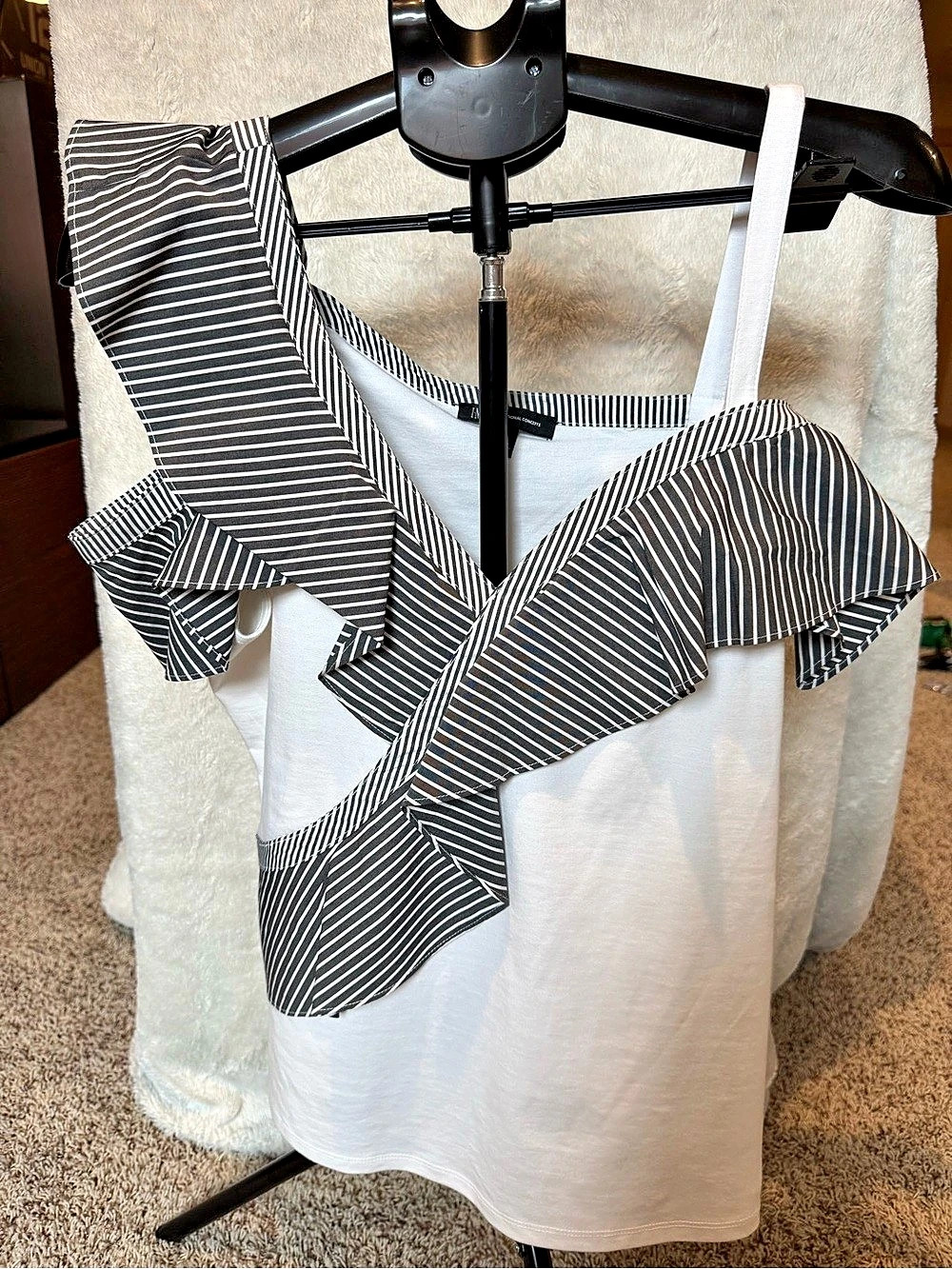 INC One-Shoulder Striped Ruffle Top White & Black Medium sexy, chic, cold should